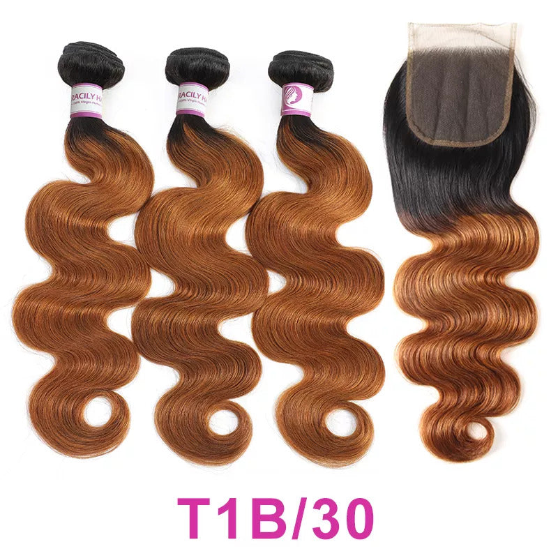Dark Blonde Wavy 3 Bundles with Lace Closure