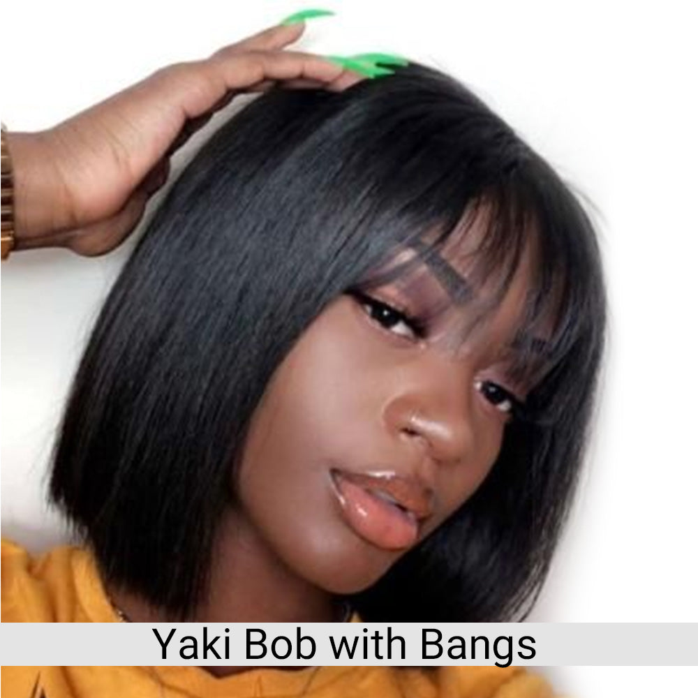 Mini Yaki Straight Human Hair Bob Wig With Bangs Skinlike Real HD Lace Short Blunt Cut Wig Short Black Bob Wigs