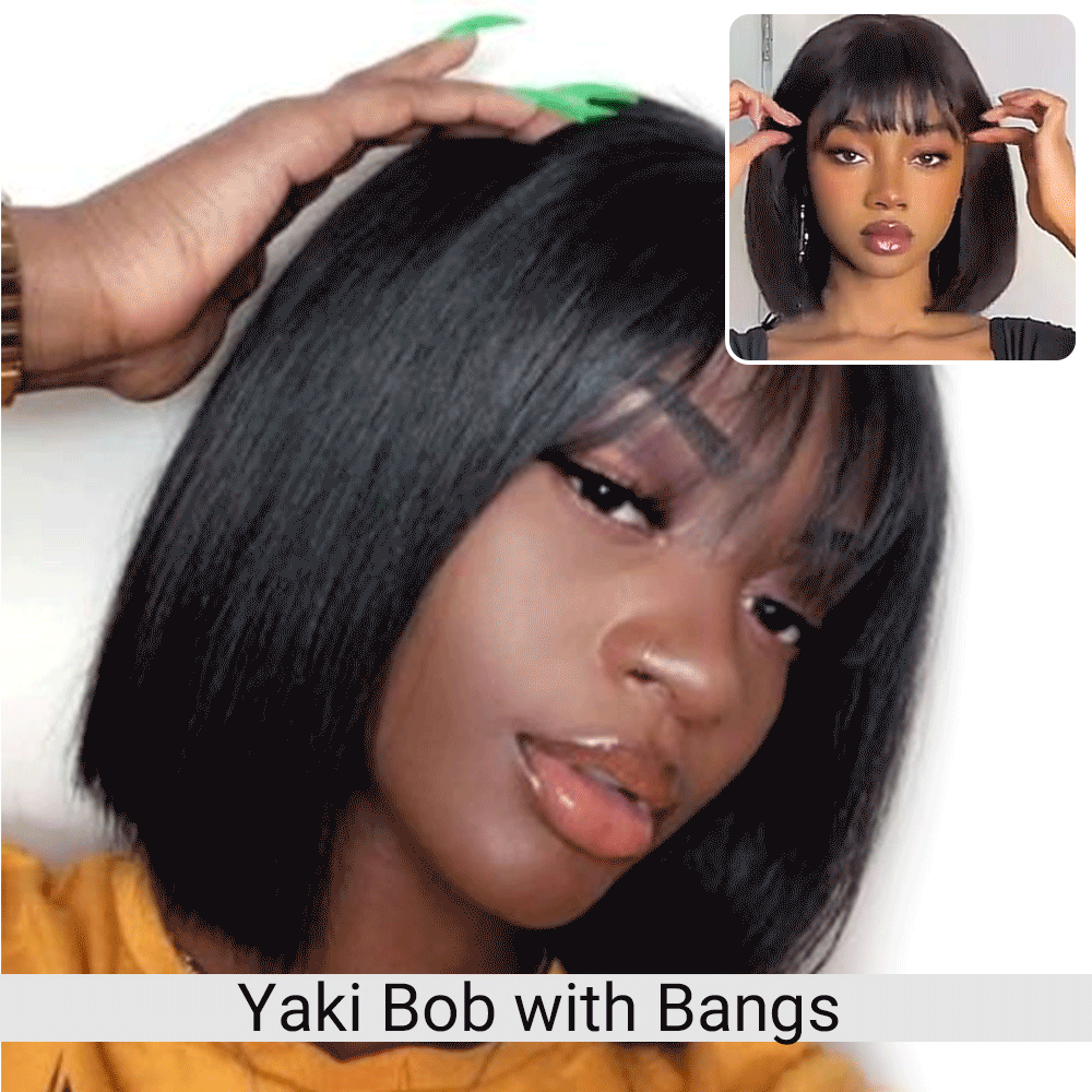 Mini Yaki Straight Human Hair Bob Wig With Bangs Skinlike Real HD Lace Short Blunt Cut Wig Short Black Bob Wigs