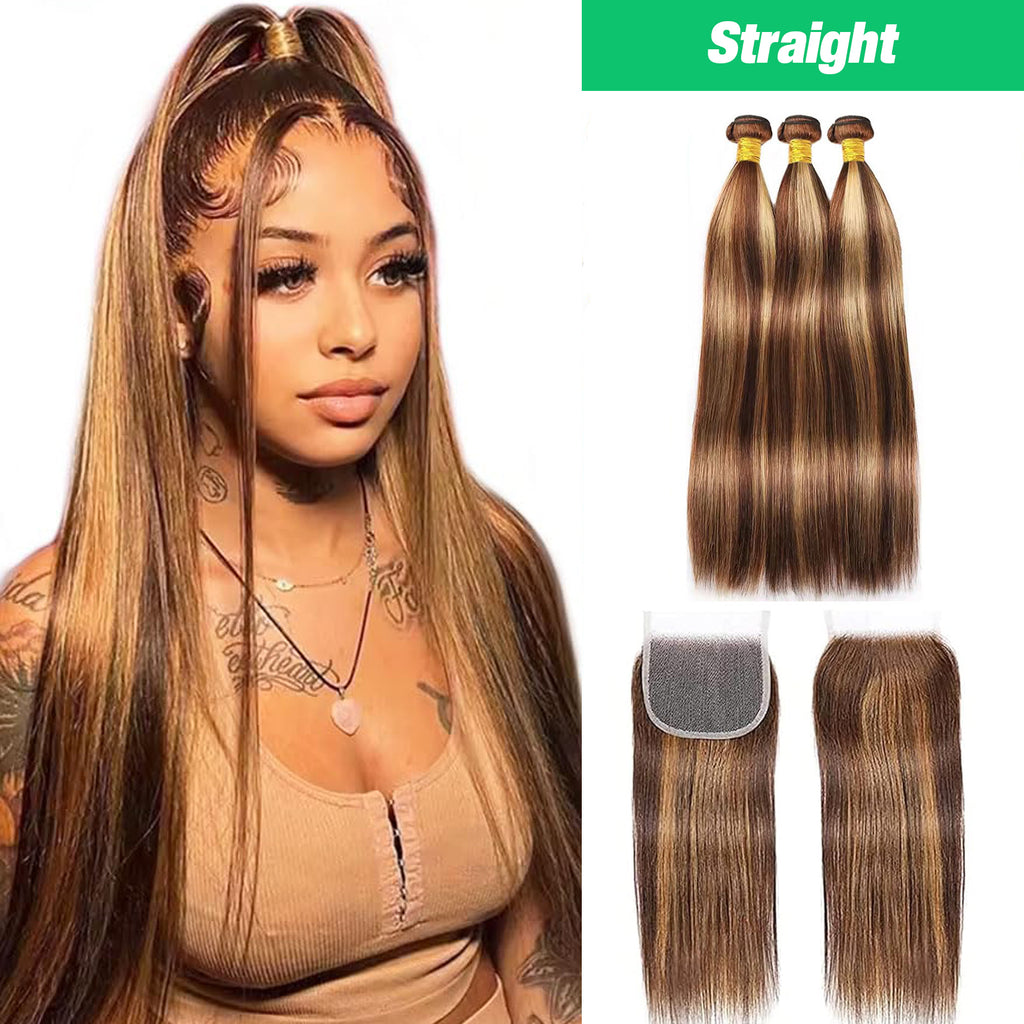 Honey Blonde Straight 3 Bundles with Lace Closure