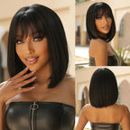 Mini Yaki Straight Human Hair Bob Wig With Bangs Skinlike Real HD Lace Short Blunt Cut Wig Short Black Bob Wigs
