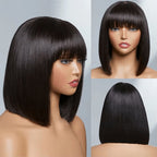 Mini Yaki Straight Human Hair Bob Wig With Bangs Skinlike Real HD Lace Short Blunt Cut Wig Short Black Bob Wigs