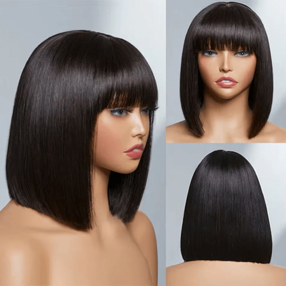Mini Yaki Straight Human Hair Bob Wig With Bangs Skinlike Real HD Lace Short Blunt Cut Wig Short Black Bob Wigs