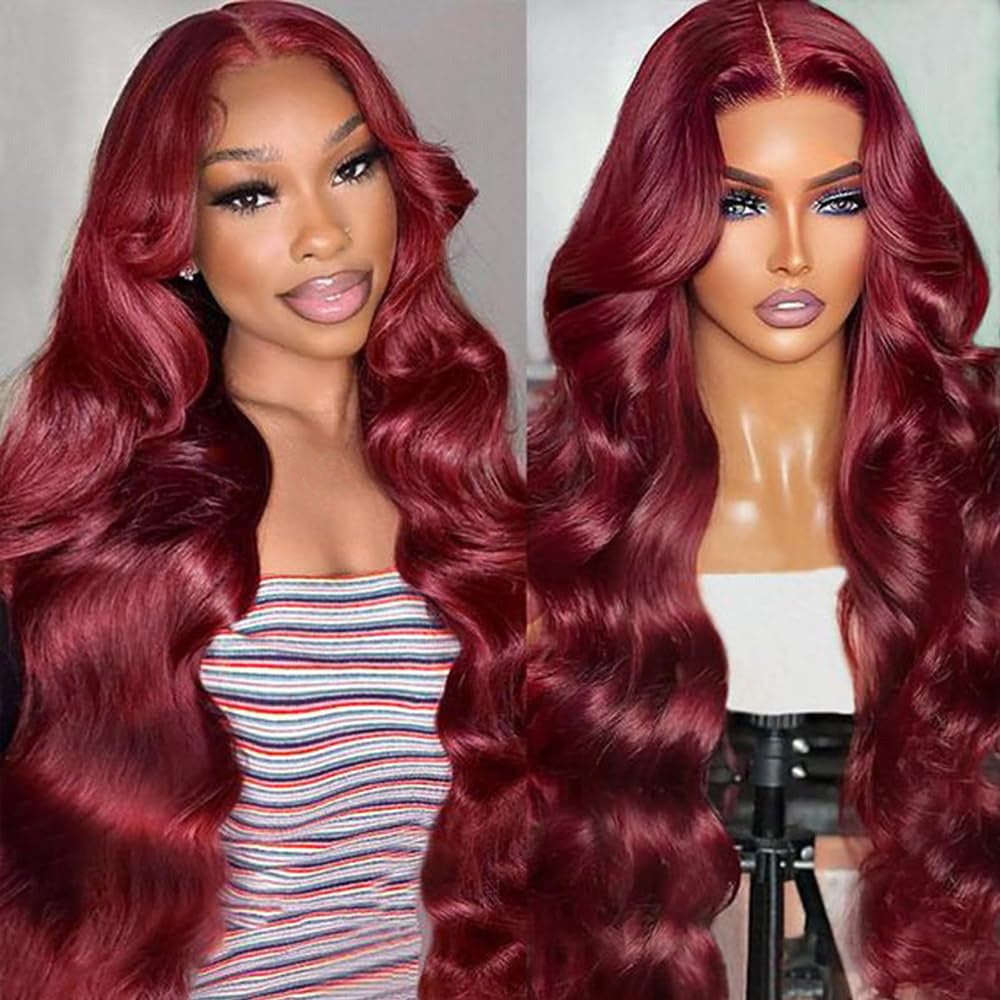 Dark Burgundy Rose Red Highlights Body Wave HD Lace Wig