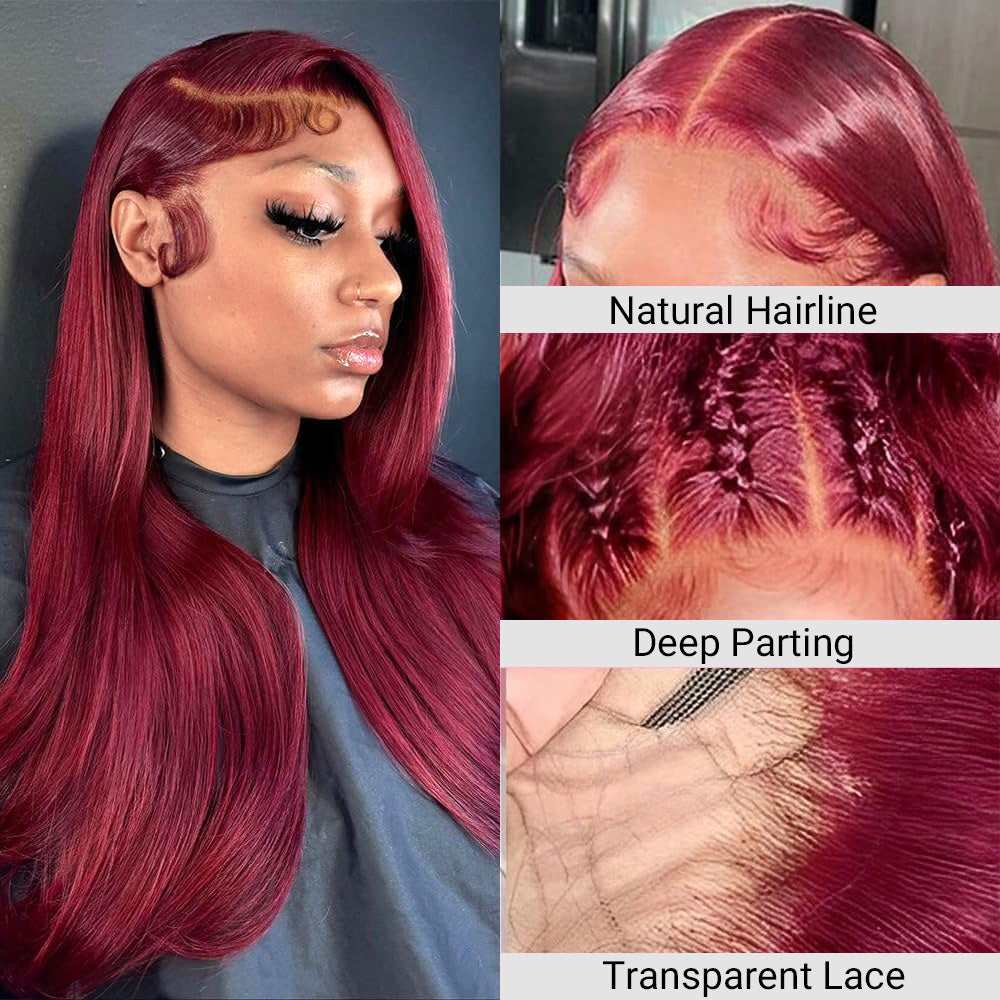 Burgundy 99J Lace Front Wigs Human Hair Pre Plucked Wine Red 13x4 Straight Lace Frontal Wig with Baby Hair for Black Women