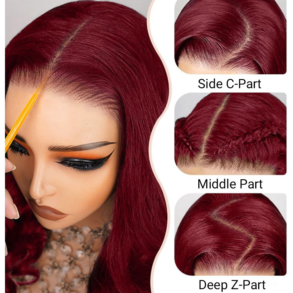 Dark Burgundy Rose Red Highlights Body Wave HD Lace Wig
