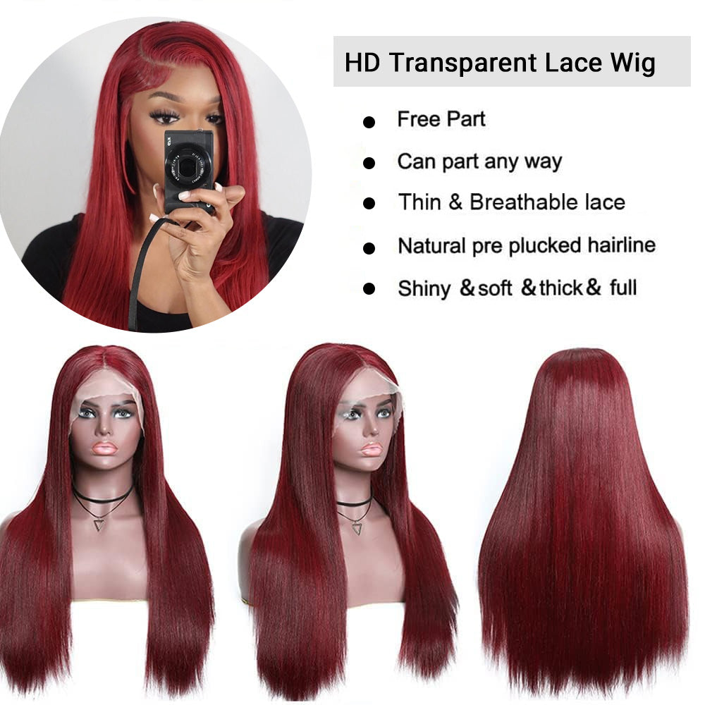 Burgundy 99J Lace Front Wigs Human Hair Pre Plucked Wine Red 13x4 Straight Lace Frontal Wig with Baby Hair for Black Women