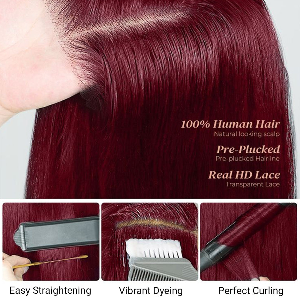 Dark Burgundy Rose Red Highlights Body Wave HD Lace Wig