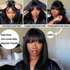 Mini Yaki Straight Human Hair Bob Wig With Bangs Skinlike Real HD Lace Short Blunt Cut Wig Short Black Bob Wigs