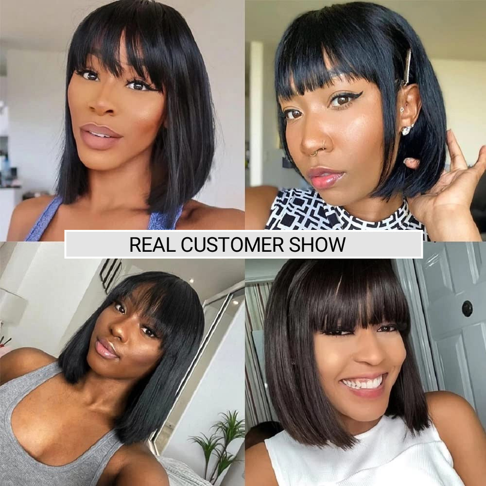 Mini Yaki Straight Human Hair Bob Wig With Bangs Skinlike Real HD Lace Short Blunt Cut Wig Short Black Bob Wigs