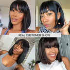 Mini Yaki Straight Human Hair Bob Wig With Bangs Skinlike Real HD Lace Short Blunt Cut Wig Short Black Bob Wigs