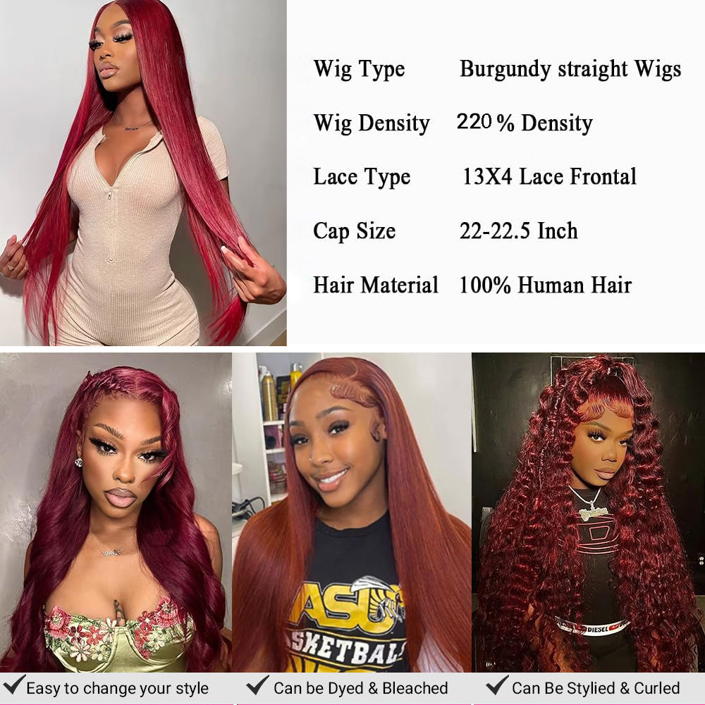 Burgundy 99J Lace Front Wigs Human Hair Pre Plucked Wine Red 13x4 Straight Lace Frontal Wig with Baby Hair for Black Women