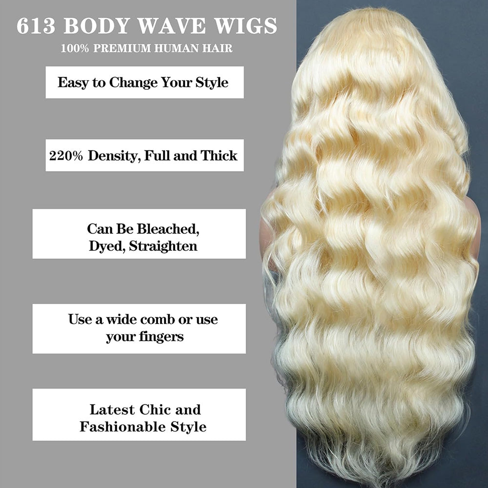 613 Blonde Human Hair Wigs 13X6 HD Transparent Lace Front Body Wave Wigs with Baby Hair for Black Women Pre Plucked Brazilian Virgin Hair Wig