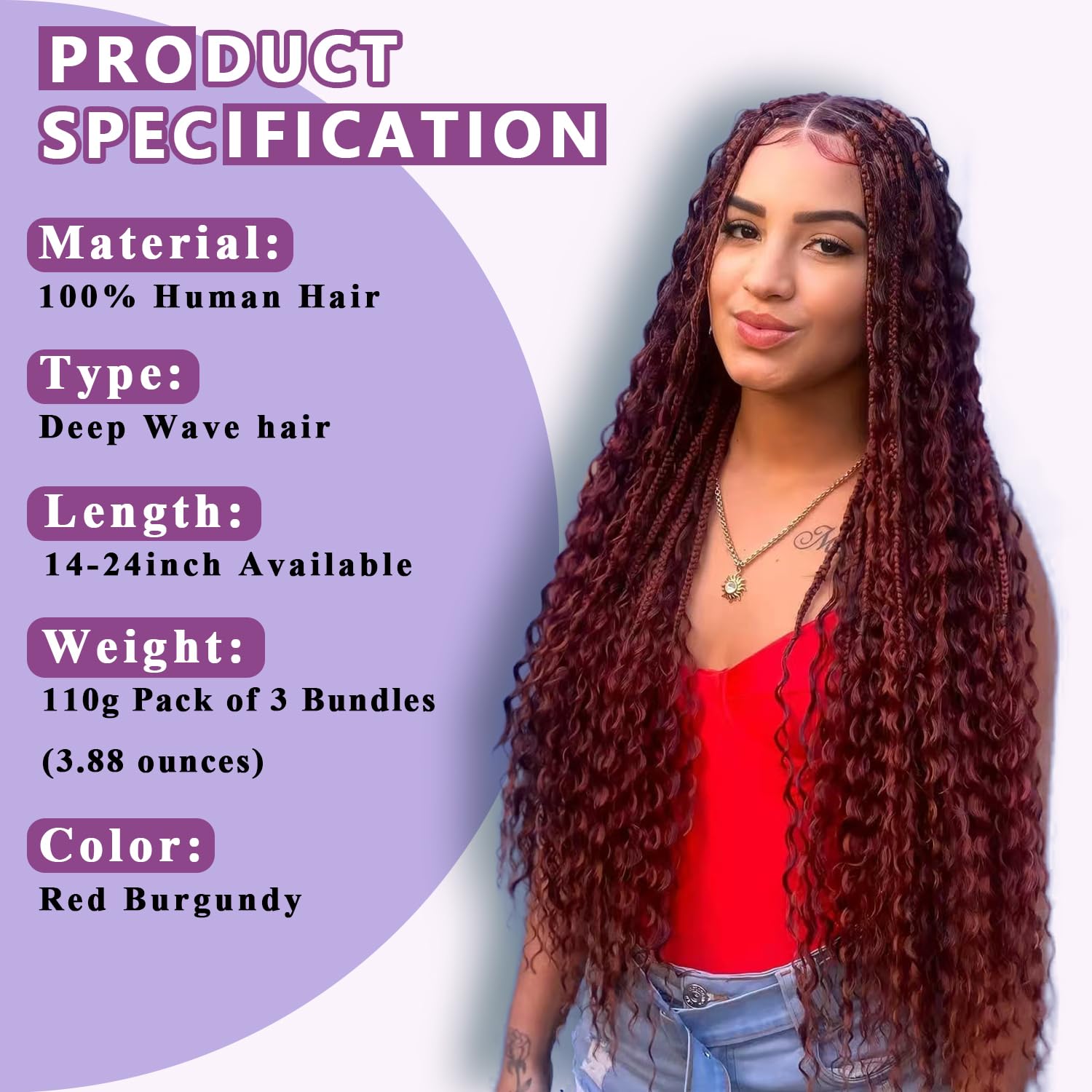 Deep Wave 99J Red Burgundy 3 Human Braiding Hair For Black Women
