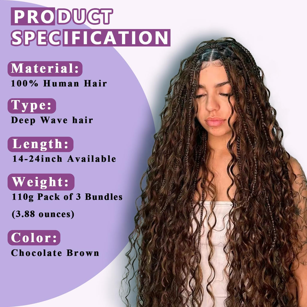 Deep Wave Chocolate Brown 3 Human Braiding Hair  For Black Women