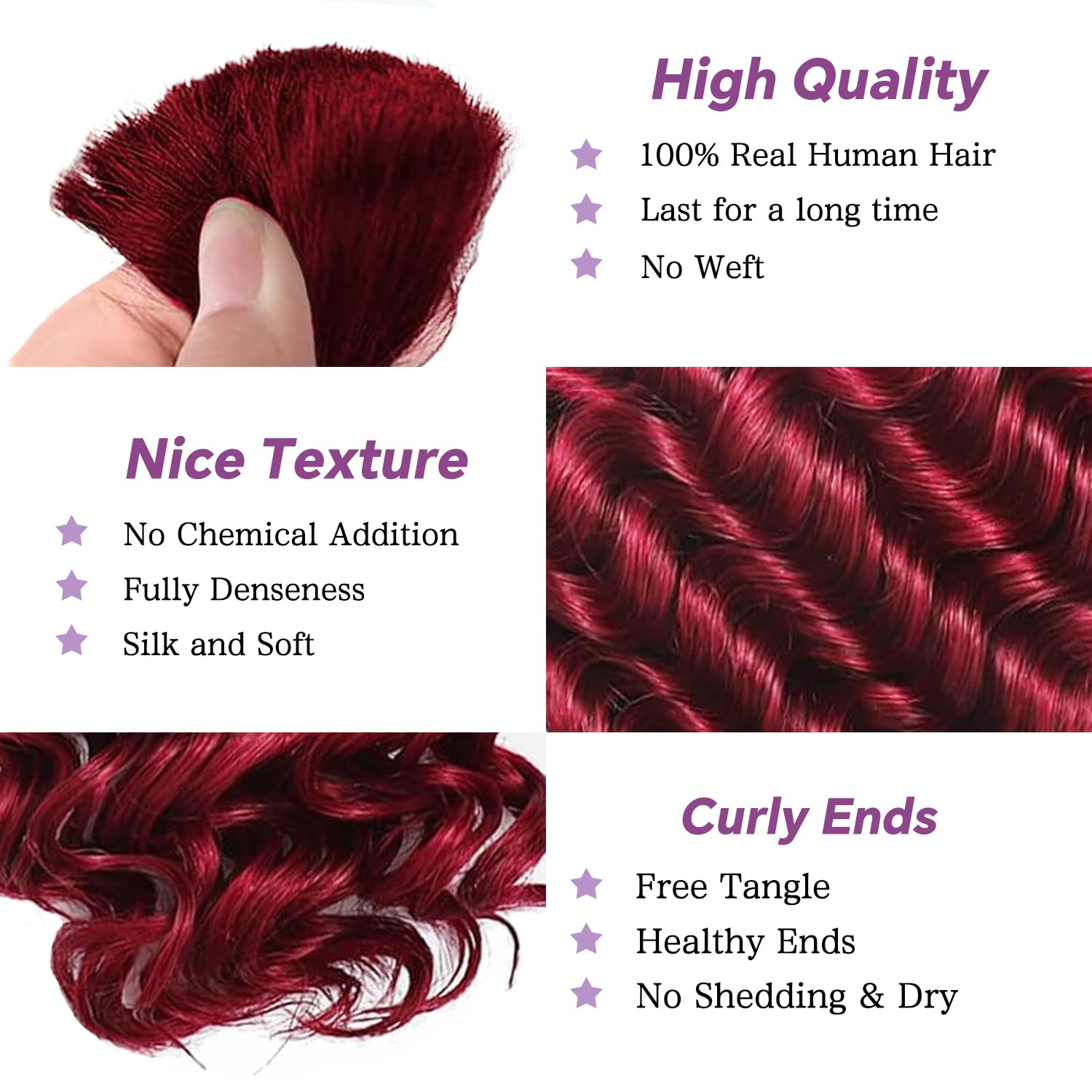 Deep Wave 99J Red Burgundy 3 Human Braiding Hair For Black Women