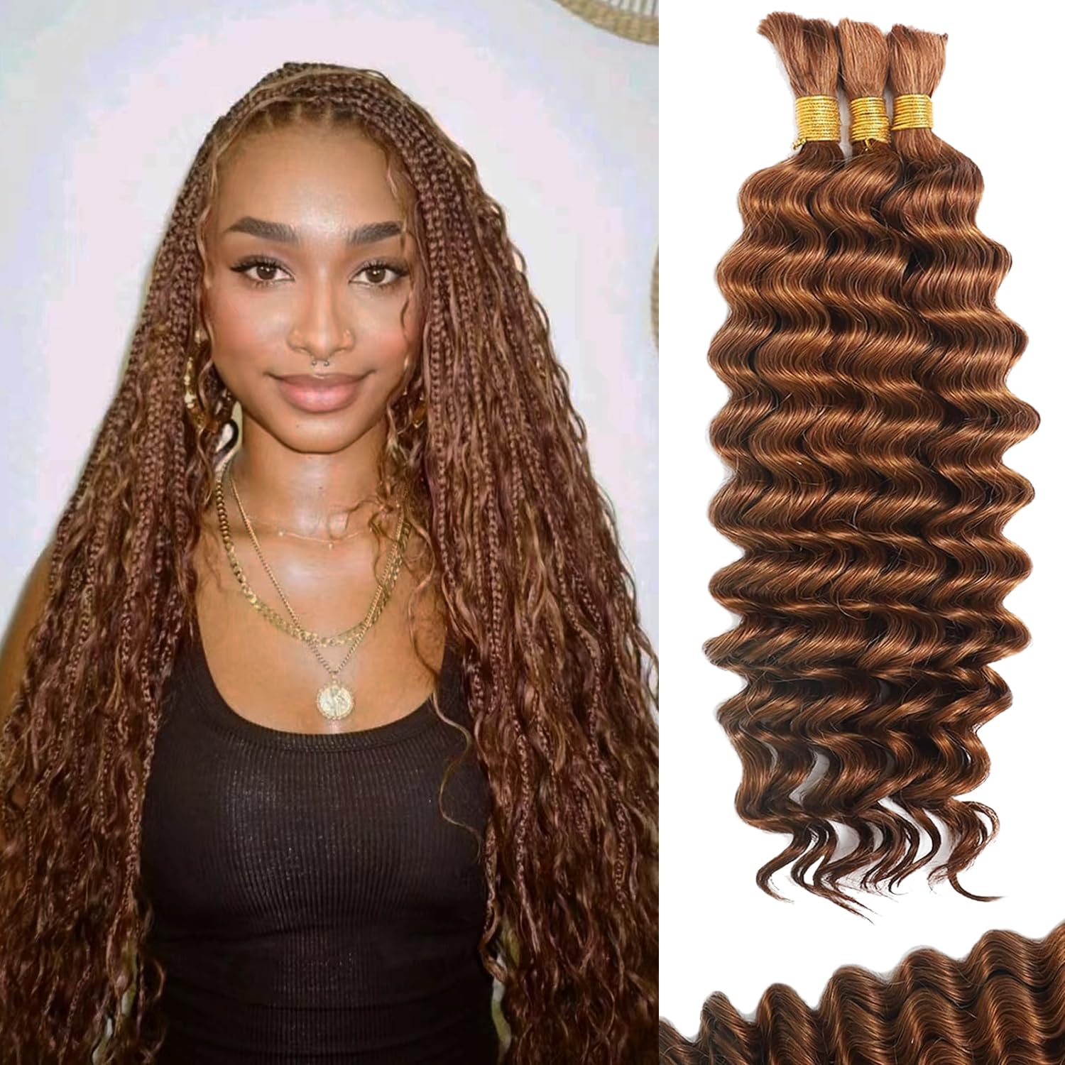 Deep Wave Auburn Ginger 3 Human Braiding Hair  For Black Women