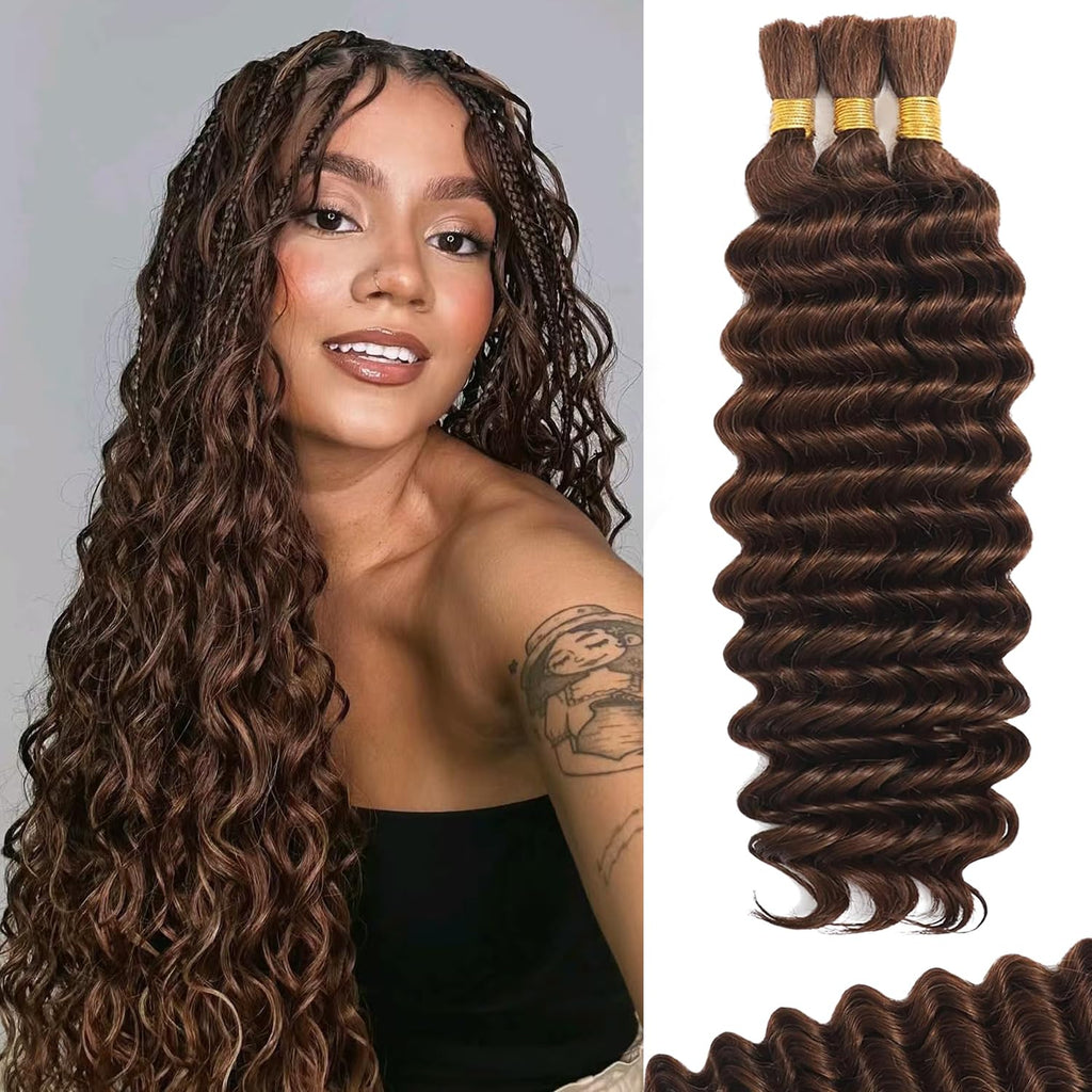 Deep Wave Chocolate Brown 3 Human Braiding Hair  For Black Women
