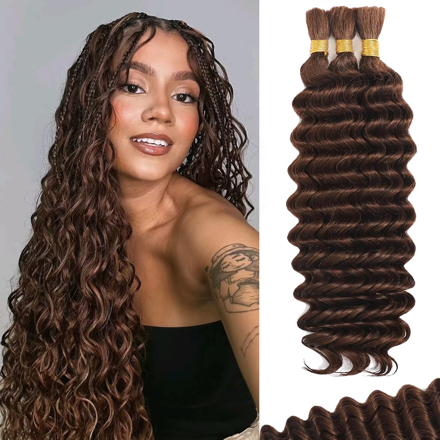 Deep Wave Chocolate Brown 3 Human Braiding Hair  For Black Women