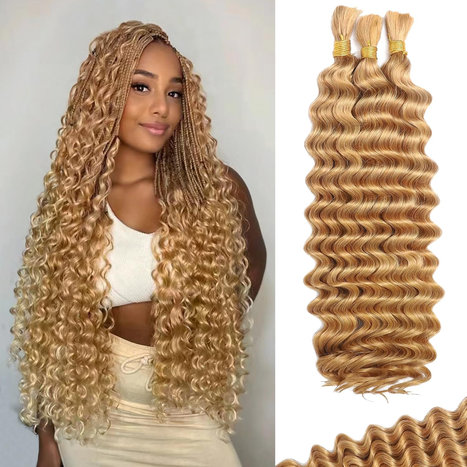 Deep Wave Honey Blonde 3 Human Braiding Hair  For Black Women