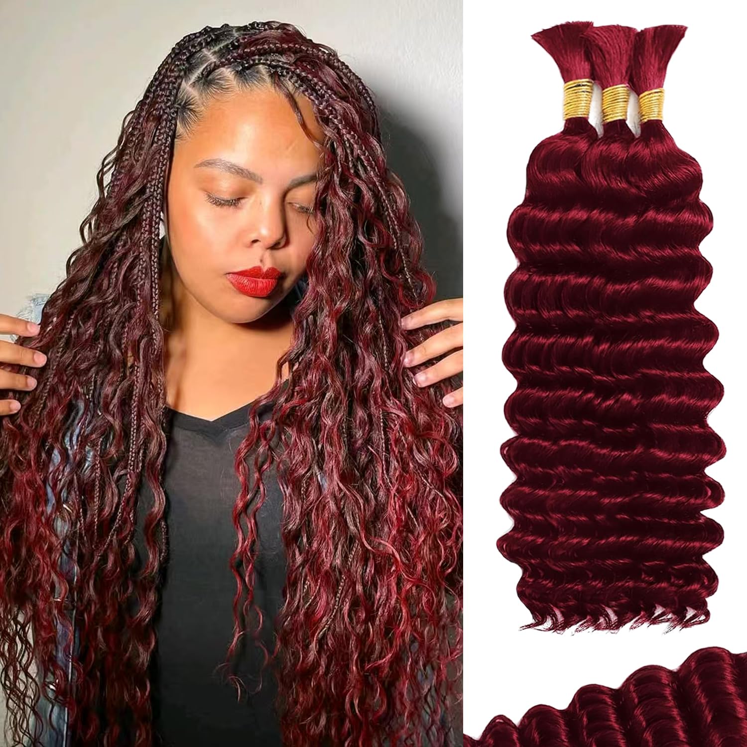 Deep Wave 99J Red Burgundy 3 Human Braiding Hair For Black Women