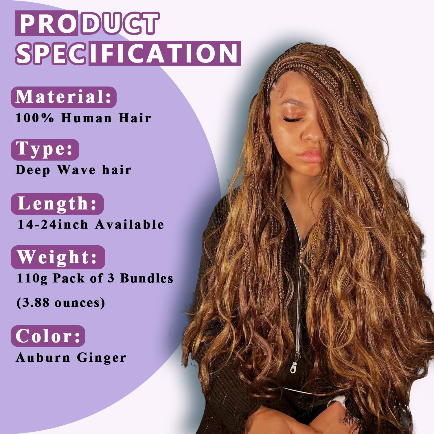 Deep Wave Auburn Ginger 3 Human Braiding Hair  For Black Women