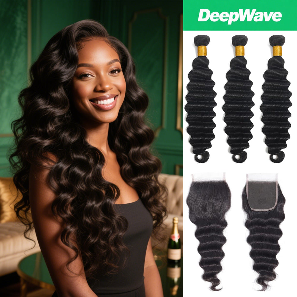 Deep Wave Hair 3 Bundles with Lace Closure