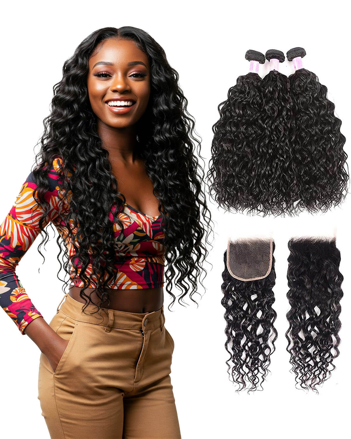 Water Wave Hair 3 Bundles with Lace Closure