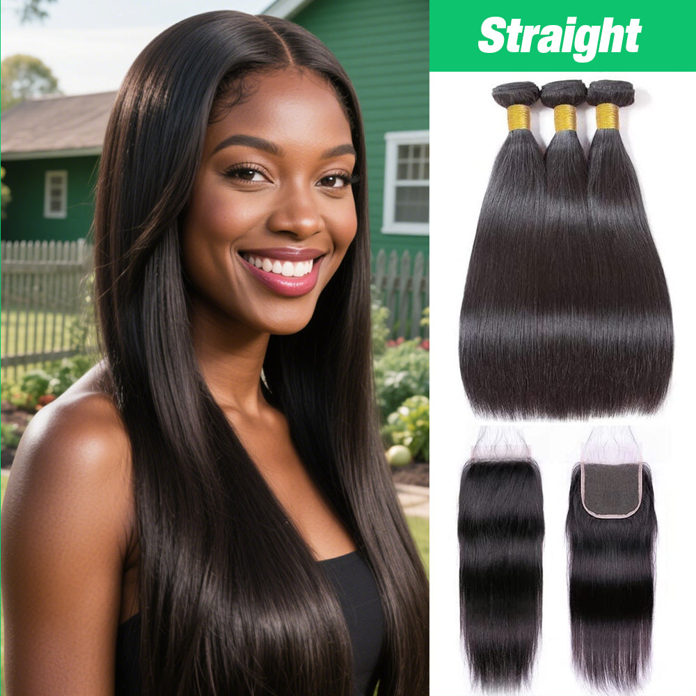 Straight Hair 3 Bundles with Lace Closure