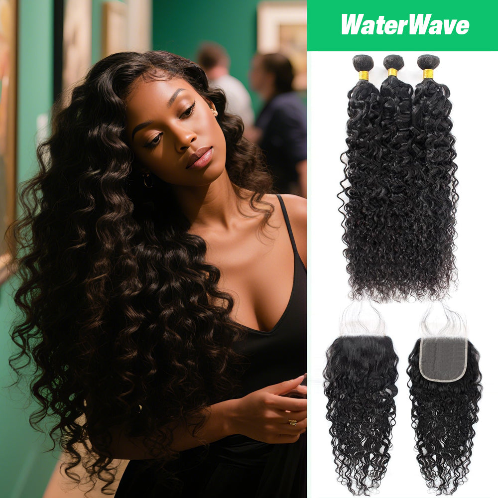 Water Wave Hair 3 Bundles with Lace Closure