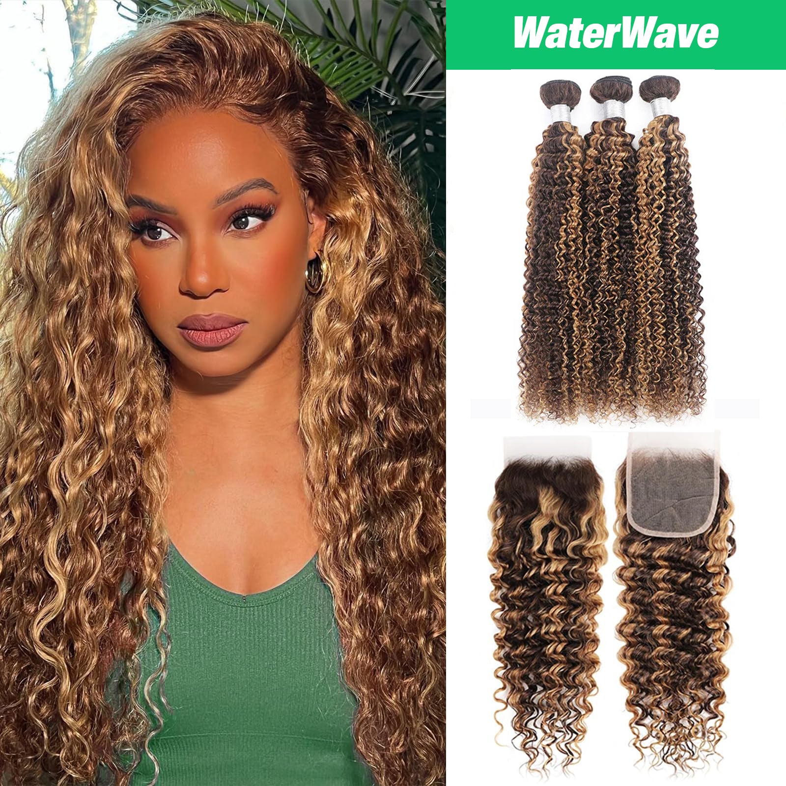 Brown Blonde Curly Hair 3 Bundles with Lace Closure