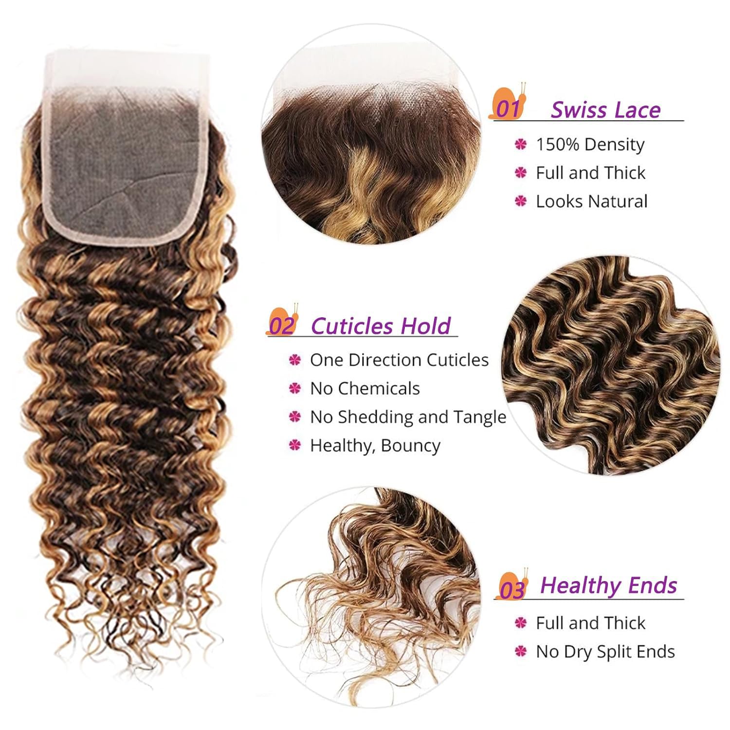 Brown Blonde Curly Hair 3 Bundles with Lace Closure