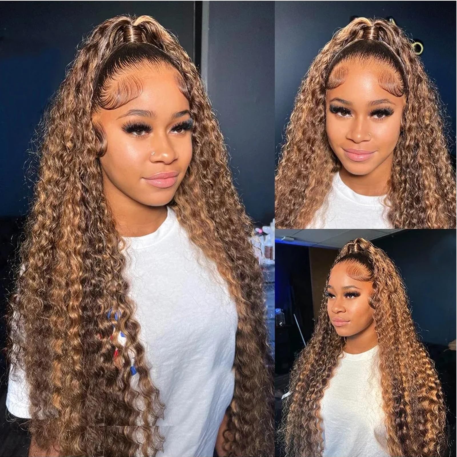 Brown Blonde Curly Hair 3 Bundles with Lace Closure