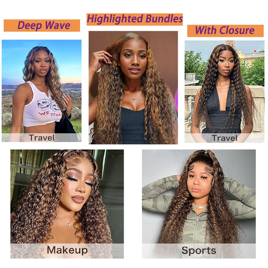 Brown Blonde Curly Hair 3 Bundles with Lace Closure