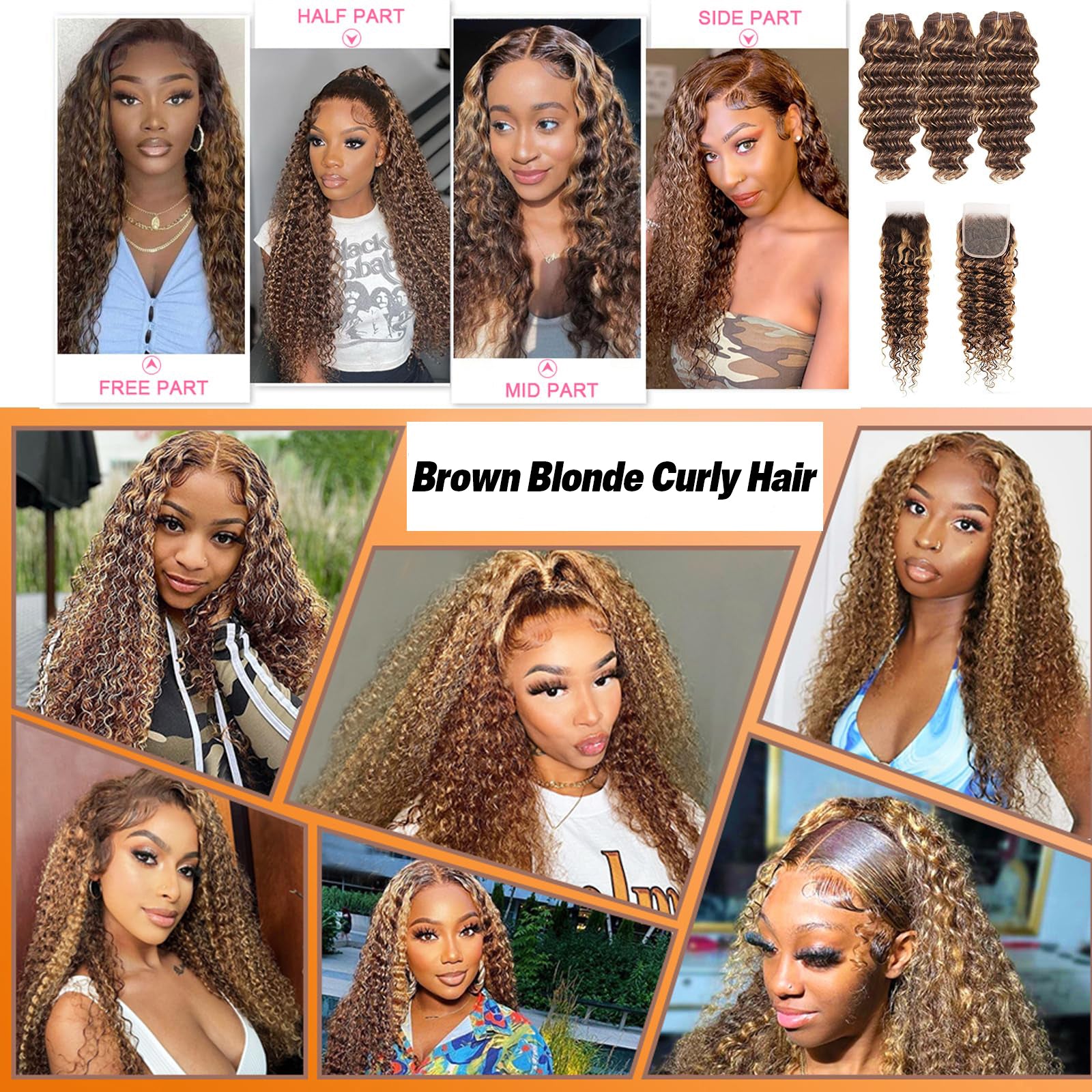 Brown Blonde Curly Hair 3 Bundles with Lace Closure
