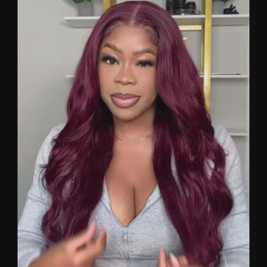 Dark Burgundy Rose Red Highlights Body Wave HD Lace Wig