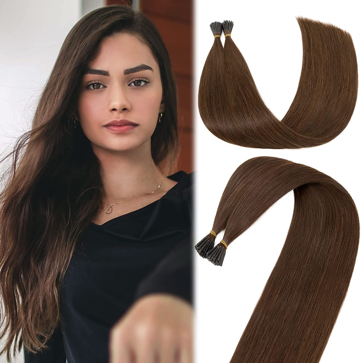 Human Hair Extensions 16" #4 Medium Brown Keratin I-Tip 50G 50Strands