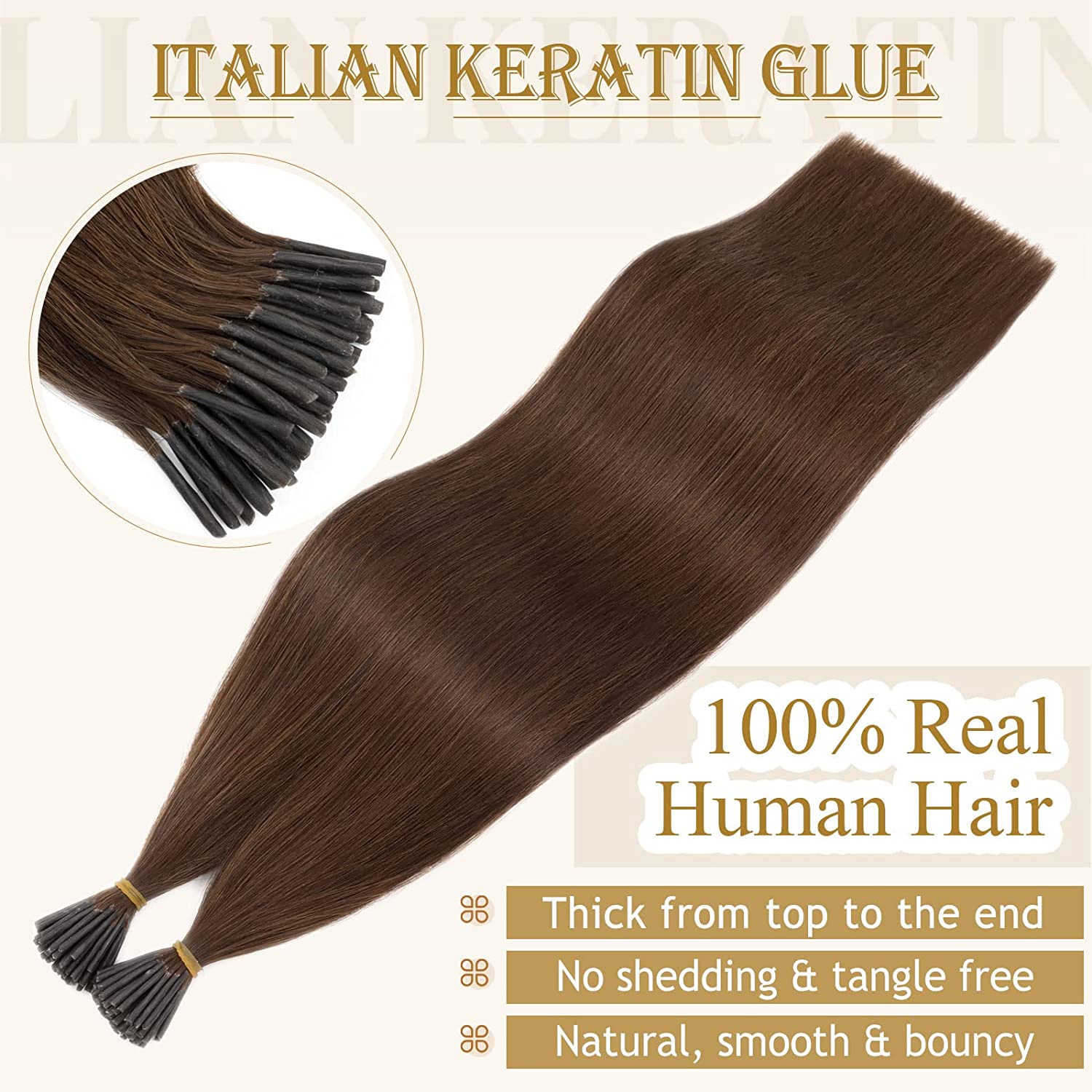 Human Hair Extensions 16" #4 Medium Brown Keratin I-Tip 50G 50Strands