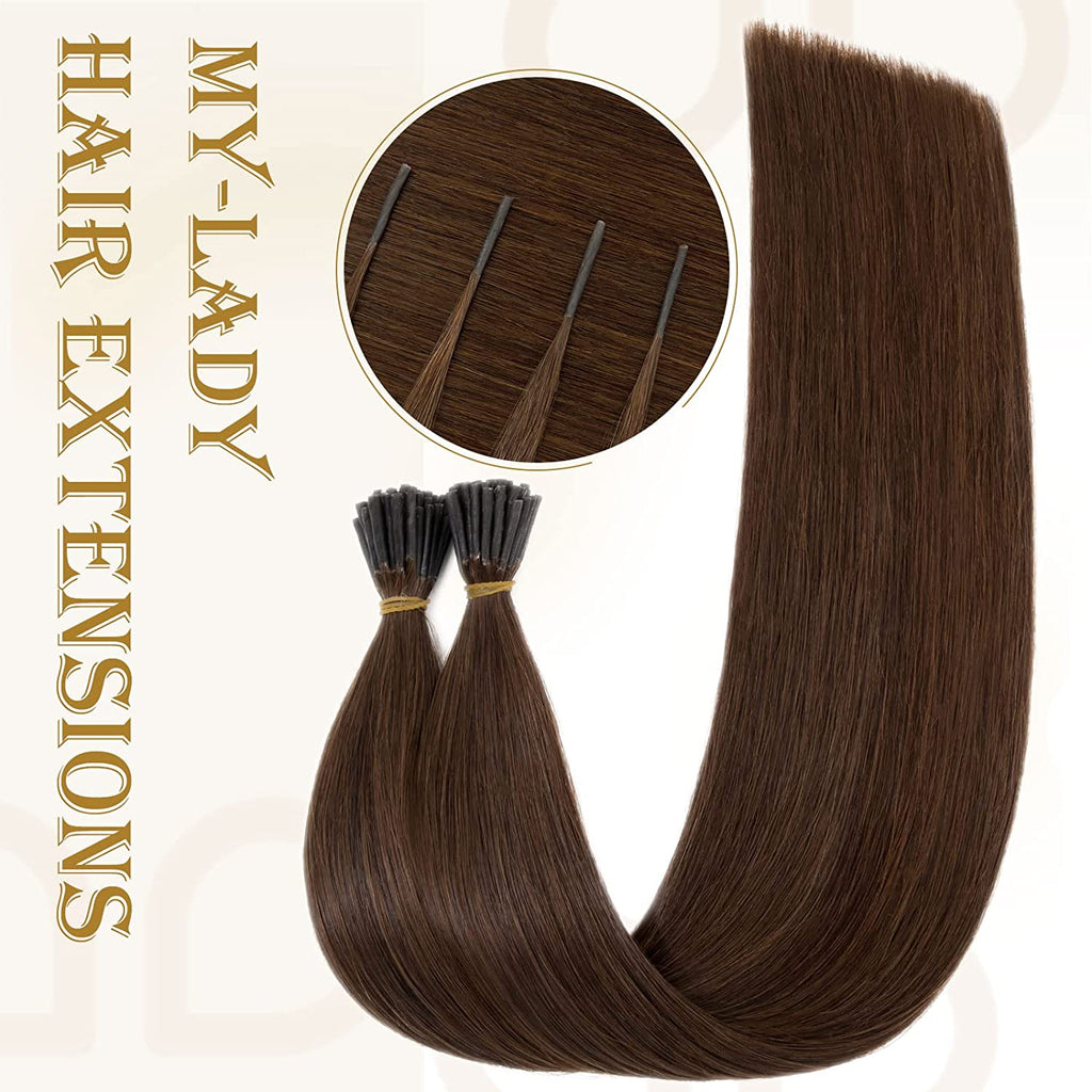Human Hair Extensions 16" #4 Medium Brown Keratin I-Tip 50G 50Strands