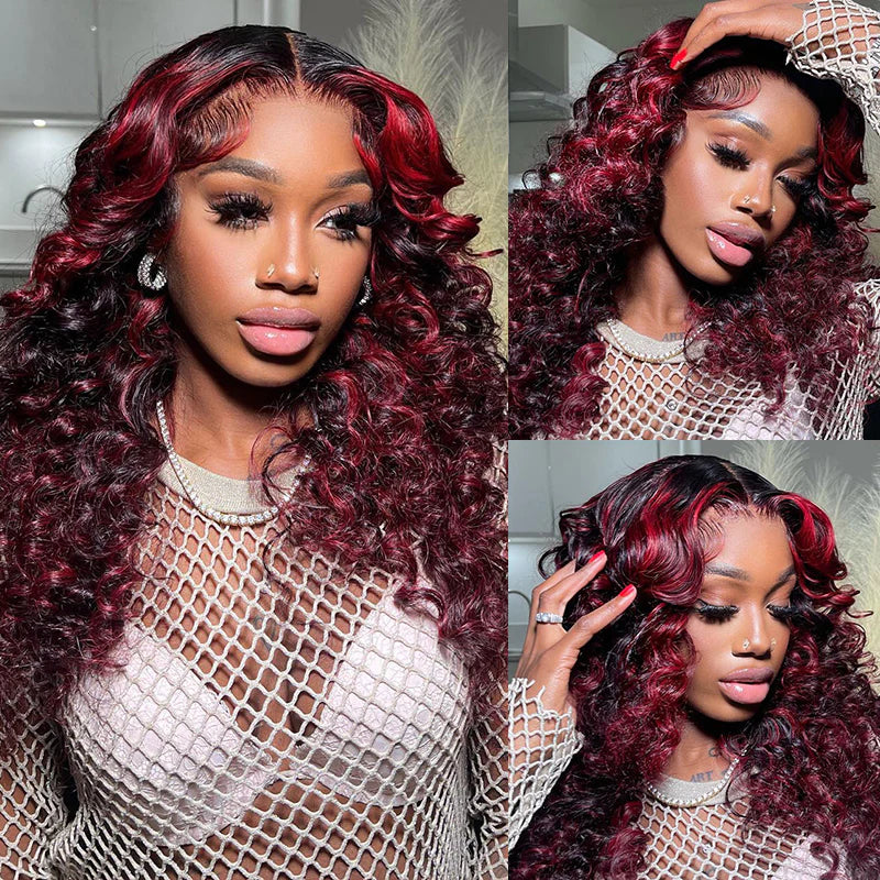 Dark Burgundy Rose Red Highlights Body Wave HD Lace Wig Density