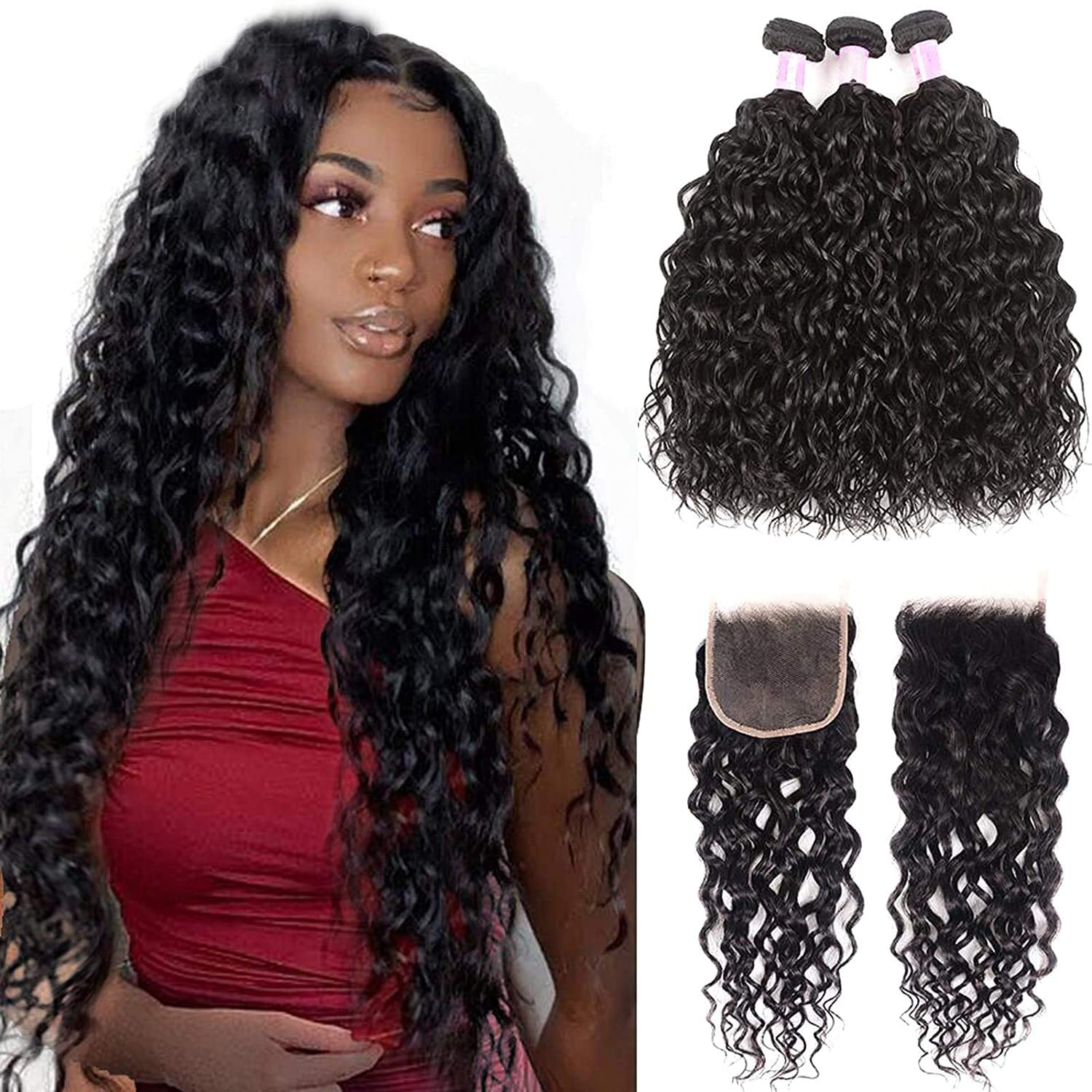 10A Brazilian Water Wave Hair 3 Bundles with 4x4 Lace Closure